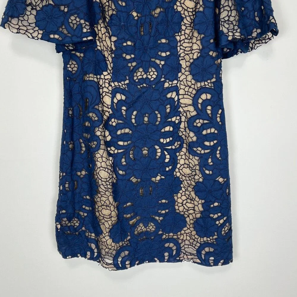 Tracy Reese Womens Blue Lace Overlay Short Sleeve Dress Linen Cotton size 2 - Picture 3 of 10